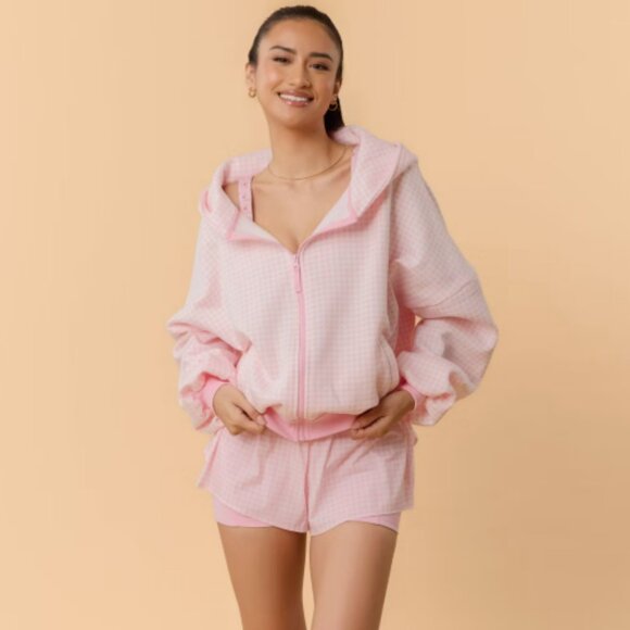 Blogilates Marshmallow Full Zip Hooded Sweatshirt Pink Gingham Medium - Picture 3 of 5